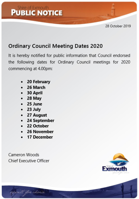 Ordinary Council Meeting dates 2020