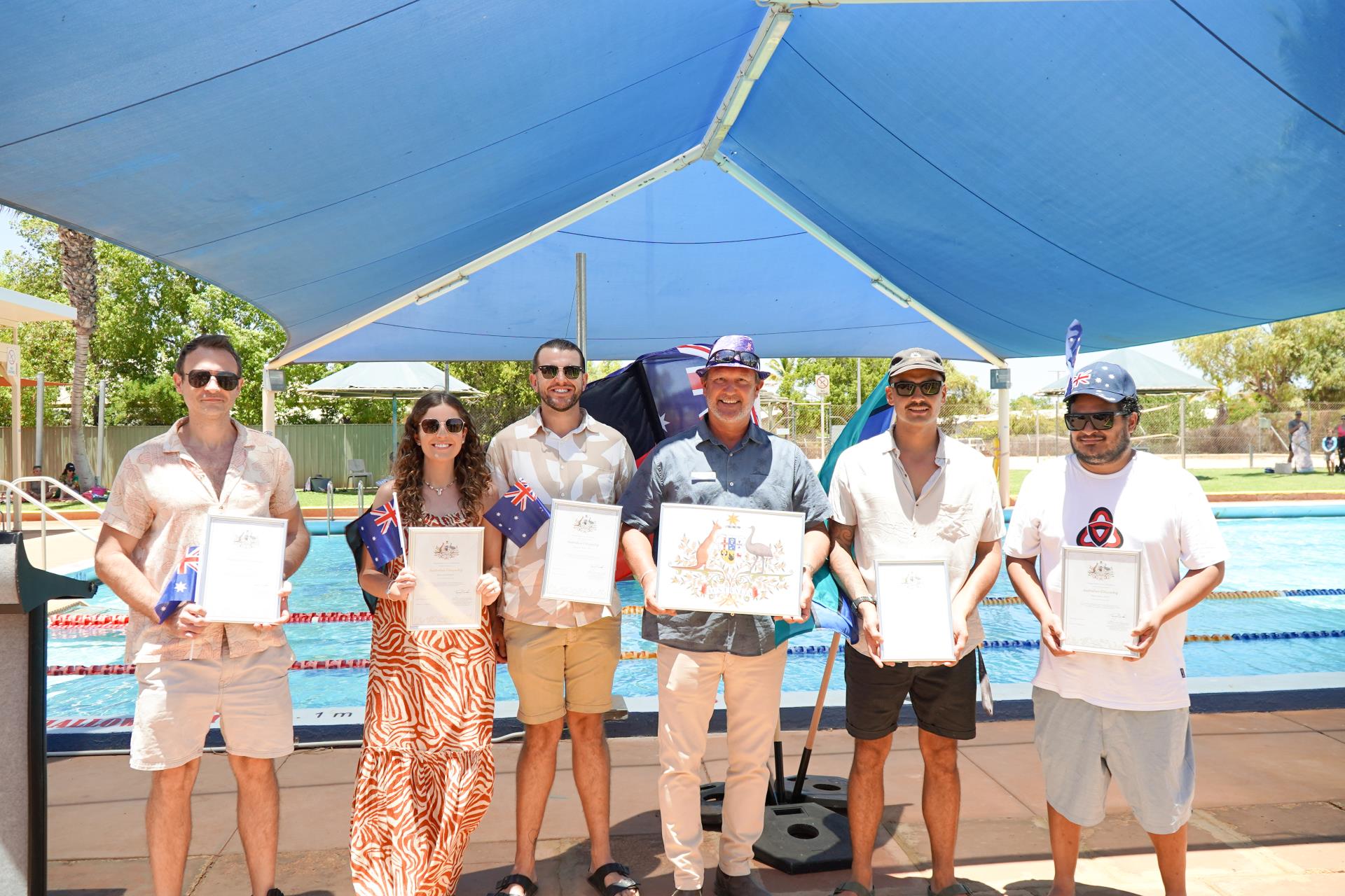 Welcome to five new Australian Citizens, pictured L-R: Joseph Robert, Rebecca Rafferty, James Lee Rafferty, Shire President Matt Niikula,  Jarreau Perenara, & Matiu Monte.